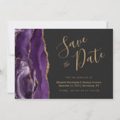Modern Purple Gold Agate Dark Save the Date Card (Front)