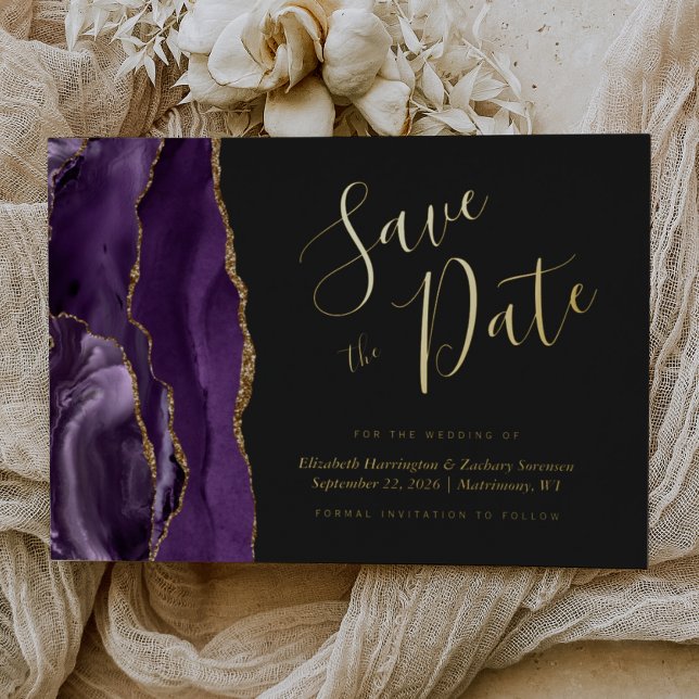 Modern Purple Gold Agate Dark Save the Date Foil Invitation (Creator Uploaded)