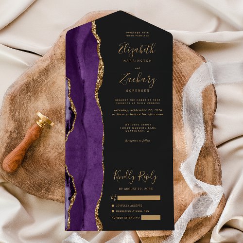 Modern Purple Gold Agate Dark Wedding All In One Invitation