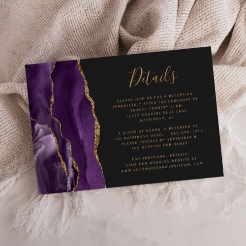 Modern Purple Gold Agate Dark Wedding Details Enclosure Card