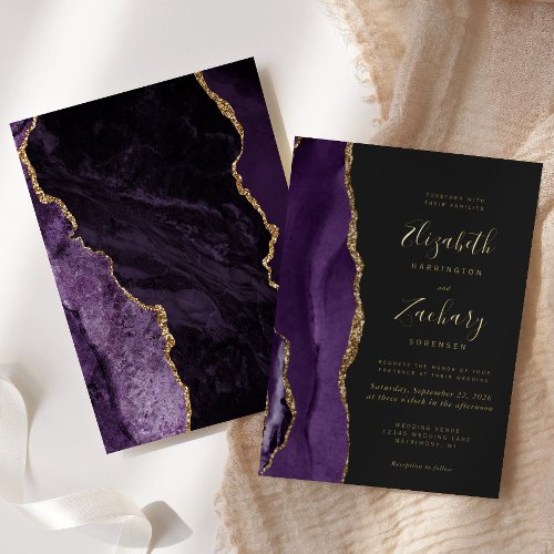 Modern Purple Gold Agate Dark Wedding Foil Invitation