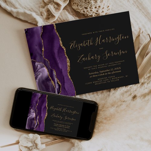Modern Purple Gold Agate Dark Wedding Invitation