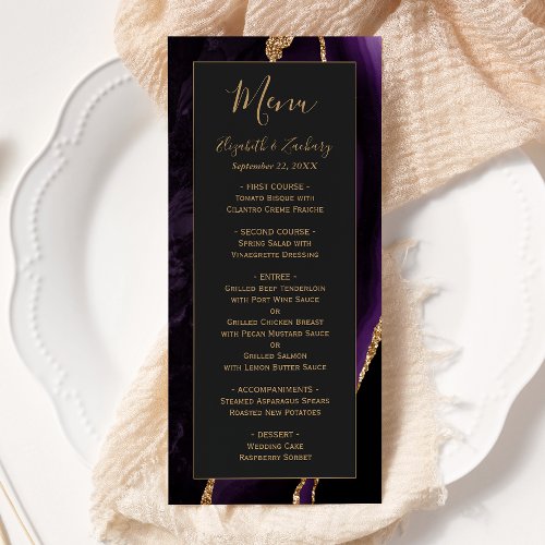 Modern Purple Gold Agate Dark Wedding Menu