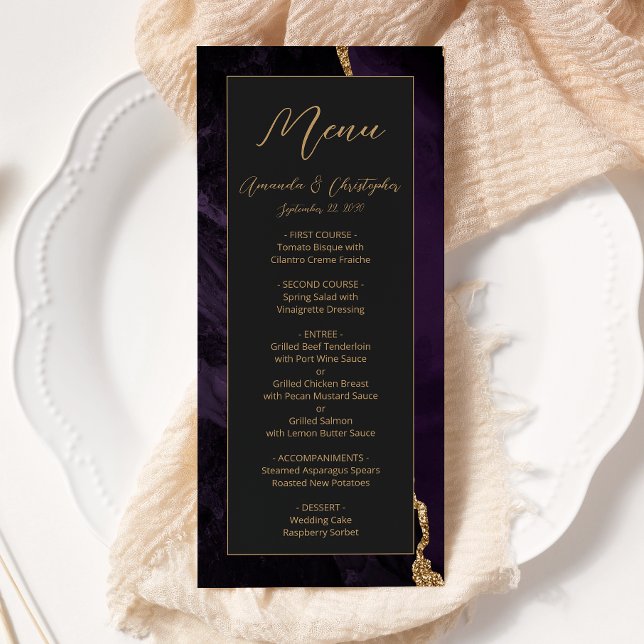 Modern Purple Gold Agate Dark Wedding Menu (Creator Uploaded)
