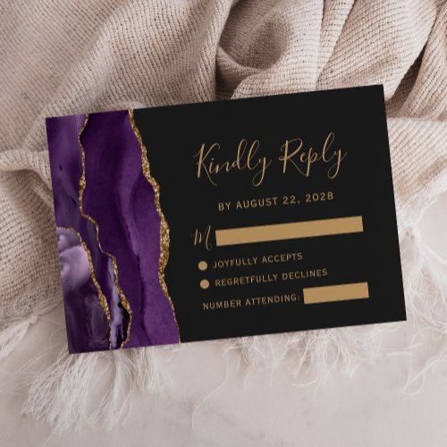 Modern Purple Gold Agate Dark Wedding RSVP Card