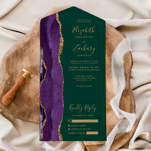 Modern Purple Gold Agate Emerald Green Wedding All In One Invitation