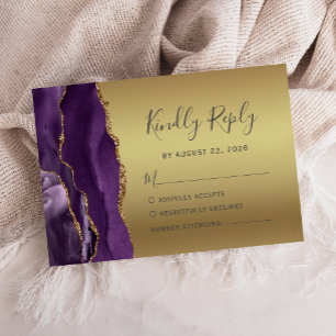 Modern Purple Gold Agate Glam Wedding RSVP Card