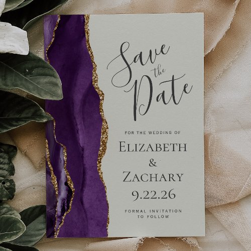 Modern Purple Gold Agate Ivory Save the Date