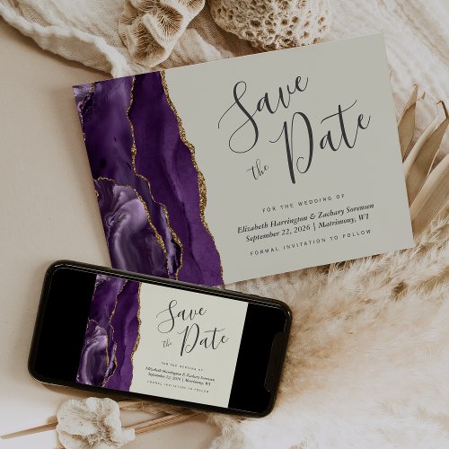 Modern Purple Gold Agate Ivory Save the Date Invitation