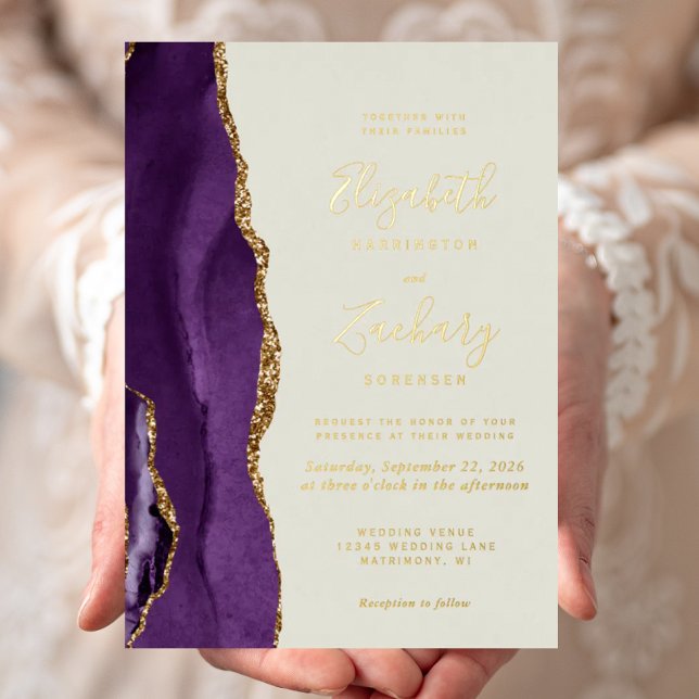 Modern Purple Gold Agate Ivory Wedding Foil Invitation (Creator Uploaded)