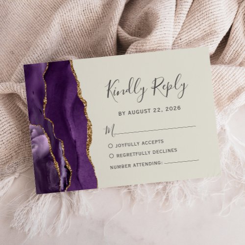 Modern Purple Gold Agate Ivory Wedding RSVP Card