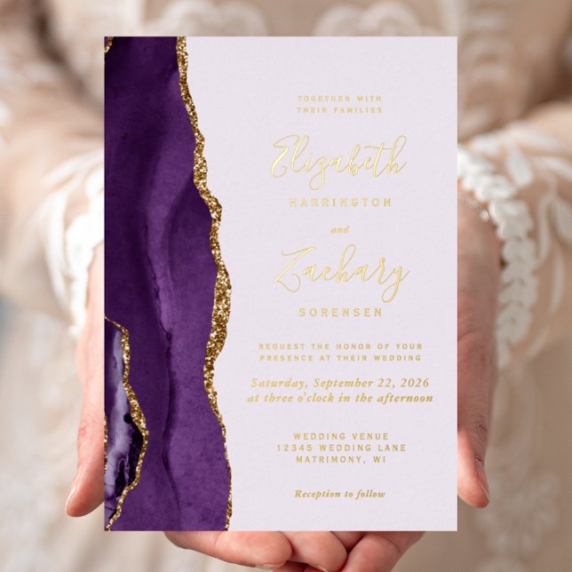 Modern Purple Gold Agate Lavender Wedding Foil Invitation (Creator Uploaded)