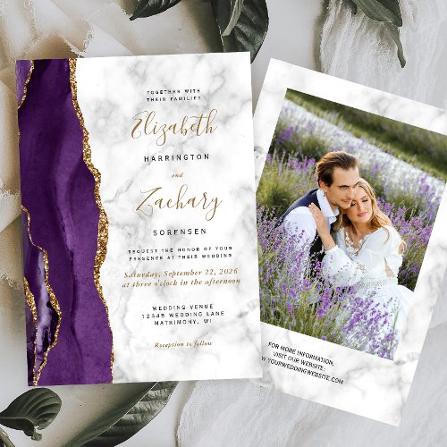 Modern Purple Gold Agate Marble Photo Wedding Invitation