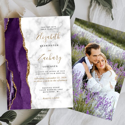 Modern Purple Gold Agate Marble Photo Wedding Invitation