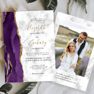 Modern Purple Gold Agate Marble Photo Wedding Invitation