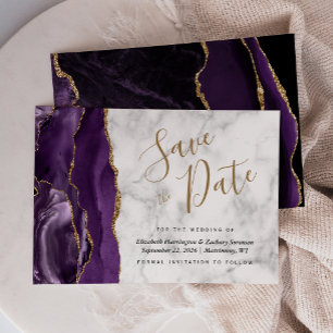 Modern Purple Gold Agate Marble Save the Date Card