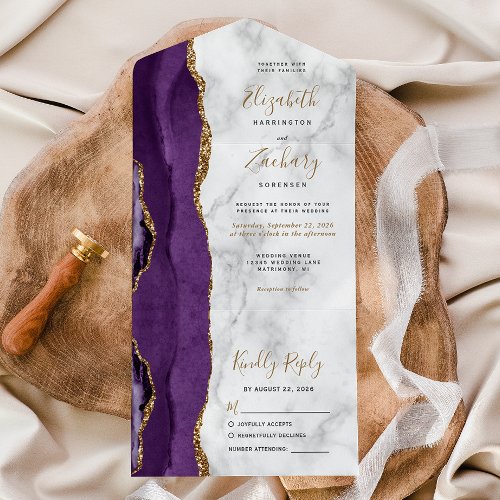 Modern Purple Gold Agate Marble Wedding All In One Invitation