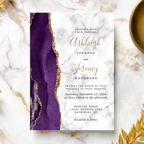 Modern Purple Gold Agate Marble Wedding Invitation