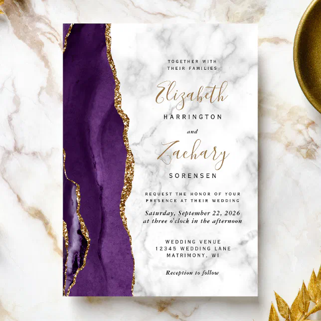 Modern Purple Gold Agate Marble Wedding Invitation | Zazzle