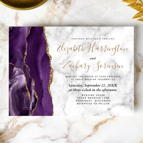 Modern Purple Gold Agate Marble Wedding Invitation