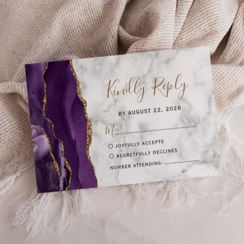 Modern Purple Gold Agate Marble Wedding RSVP Card