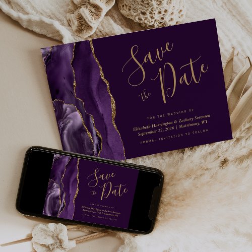 Modern Purple Gold Agate Plum Save the Date Card