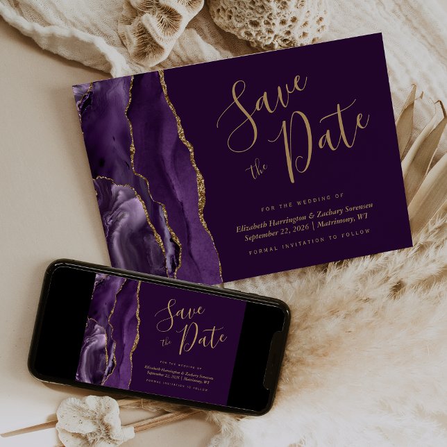 Modern Purple Gold Agate Plum Save the Date Card (Creator Uploaded)