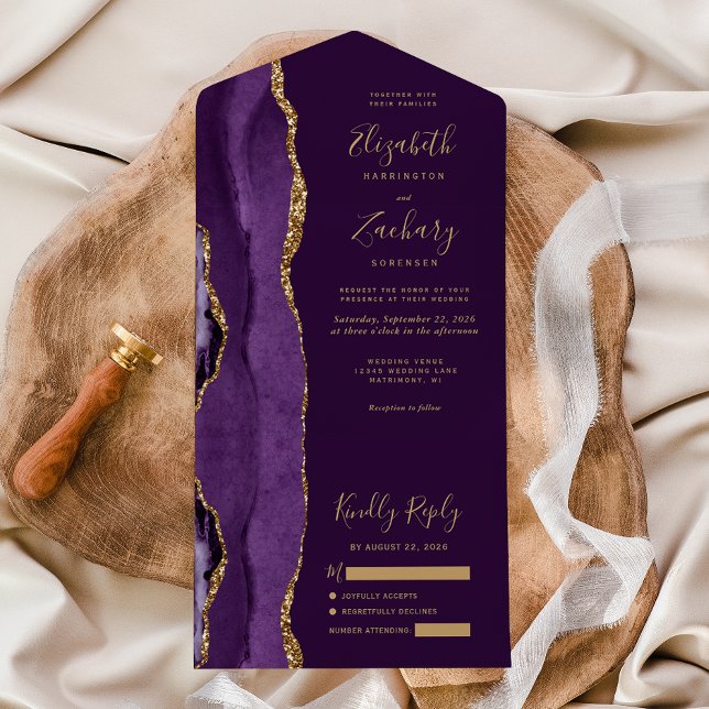 Modern Purple Gold Agate Plum Wedding All In One Invitation (Creator Uploaded)