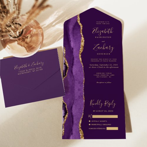 Modern Purple Gold Agate Plum Wedding All In One Invitation