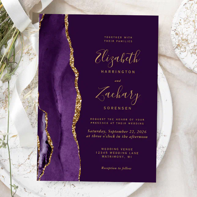 Modern Purple Gold Agate Plum Wedding Invitation | Zazzle