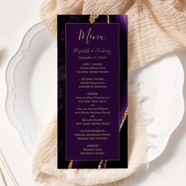 Modern Purple Gold Agate Plum Wedding Menu (Creator Uploaded)
