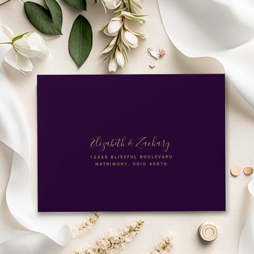 Modern Purple Gold Agate Plum Wedding RSVP Return Envelope
