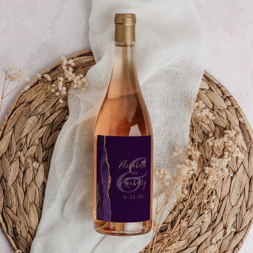 Modern Purple Gold Agate Plum Wedding Wine Label