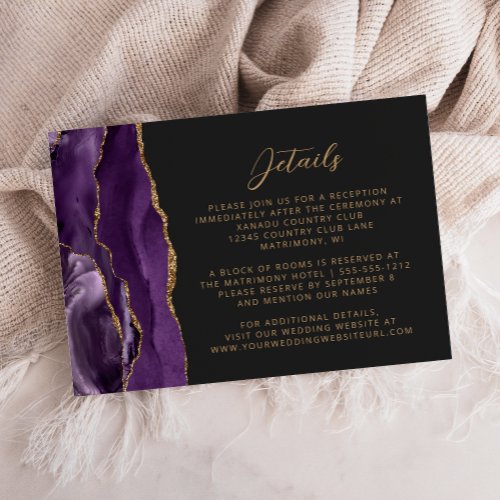Modern Purple Gold Agate Slate Wedding Details Enclosure Card