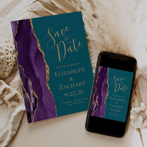 Modern Purple Gold Agate Teal Save the Date