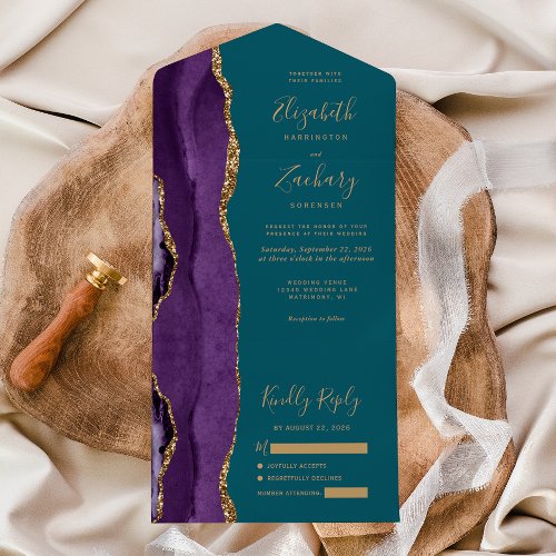 Modern Purple Gold Agate Teal Wedding All In One Invitation