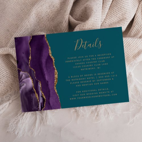 Modern Purple Gold Agate Teal Wedding Details Enclosure Card