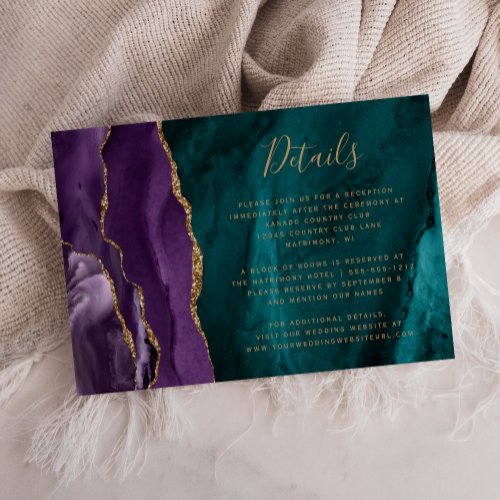 Modern Purple Gold Agate Teal Wedding Details Enclosure Card