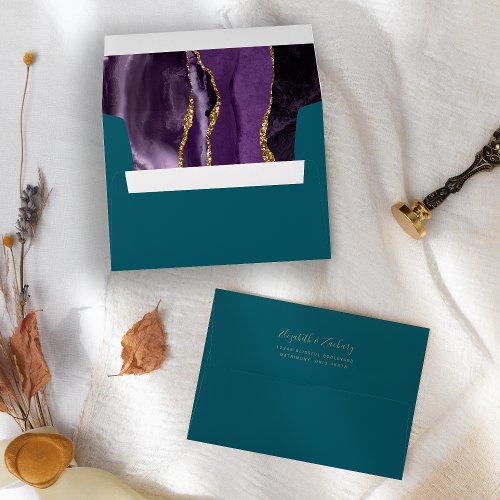 Modern Purple Gold Agate Teal Wedding Envelope