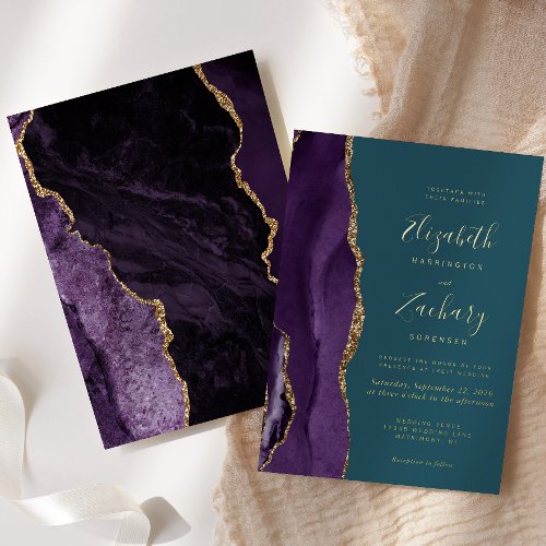 Modern Purple Gold Agate Teal Wedding Foil Invitation