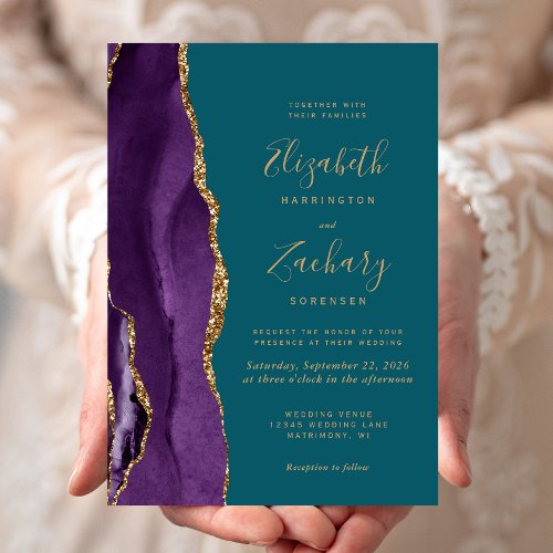 Modern Purple Gold Agate Teal Wedding Invitation
