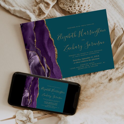 Modern Purple Gold Agate Teal Wedding Invitation
