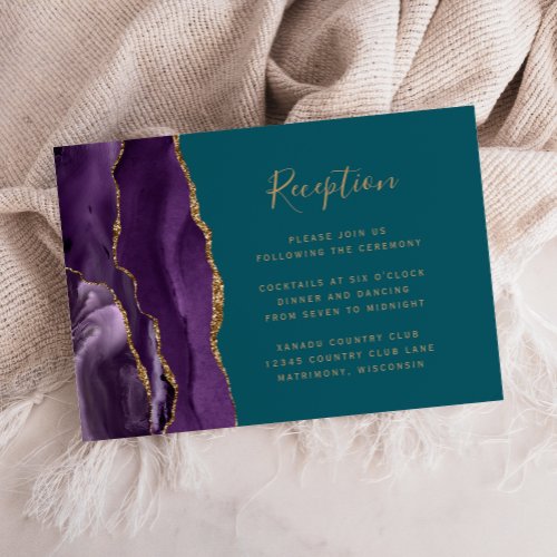 Modern Purple Gold Agate Teal Wedding Reception Enclosure Card