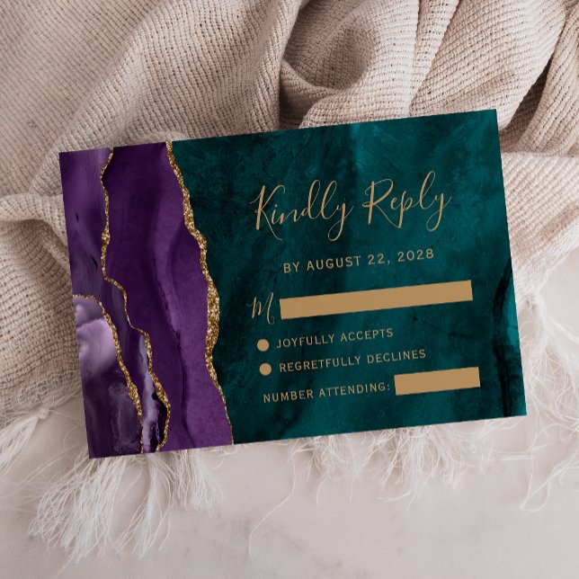 Modern Purple Gold Agate Teal Wedding RSVP Card (Creator Uploaded)