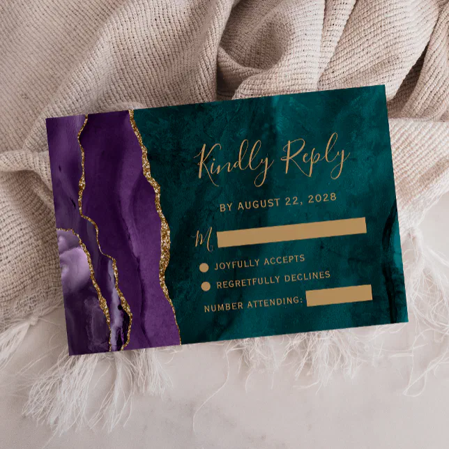 Modern Purple Gold Agate Teal Wedding RSVP Card
