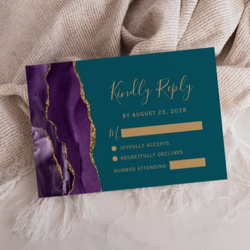 Modern Purple Gold Agate Teal Wedding RSVP Card