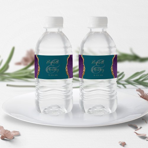 Modern Purple Gold Agate Teal Wedding Water Bottle Label