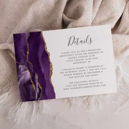 Modern Purple Gold Agate Wedding Details Enclosure Card