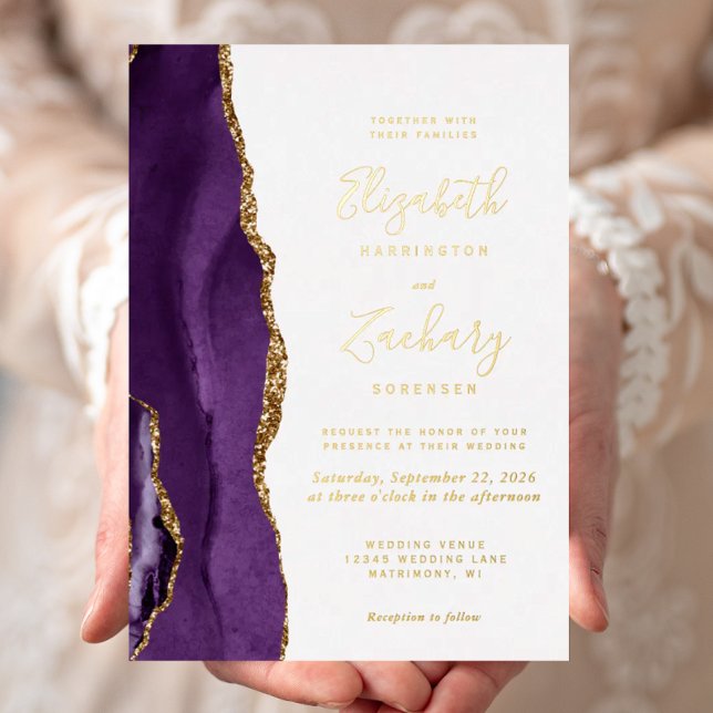 Modern Purple Gold Agate Wedding Foil Invitation (Creator Uploaded)
