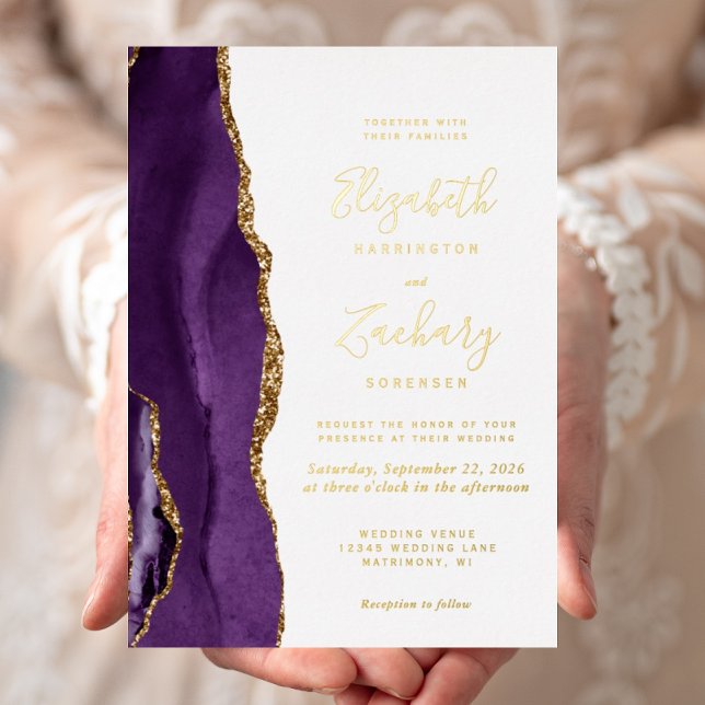 Modern Purple Gold Agate Wedding Foil Invitation (Creator Uploaded)